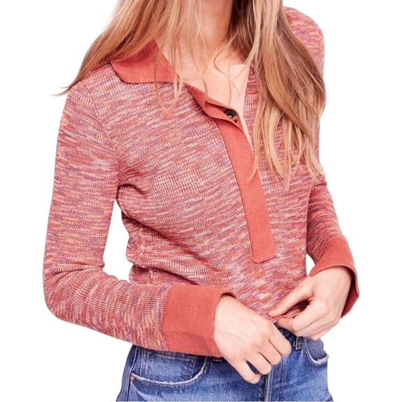 NWT Free People Making Memories Cropped Henley Sweater Size Medium Terra Cotta - Picture 15 of 15